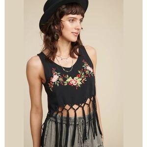 Earthbound Black Floral Embroidered Fringe Top